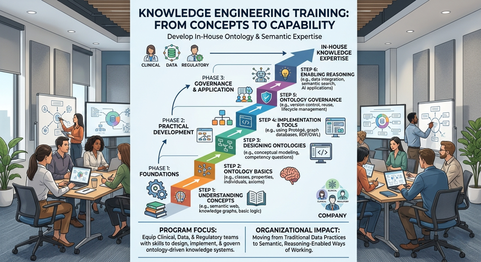 Knowledge Engineering Training program overview — from concepts to capability, covering foundations, ontology design, governance, and reasoning